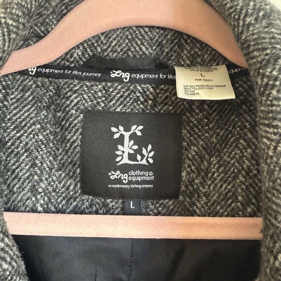 Lifted Research Group LRG Gray Herringbone Wool Blend Double Breasted Pea Coat L - Picture 7 of 16